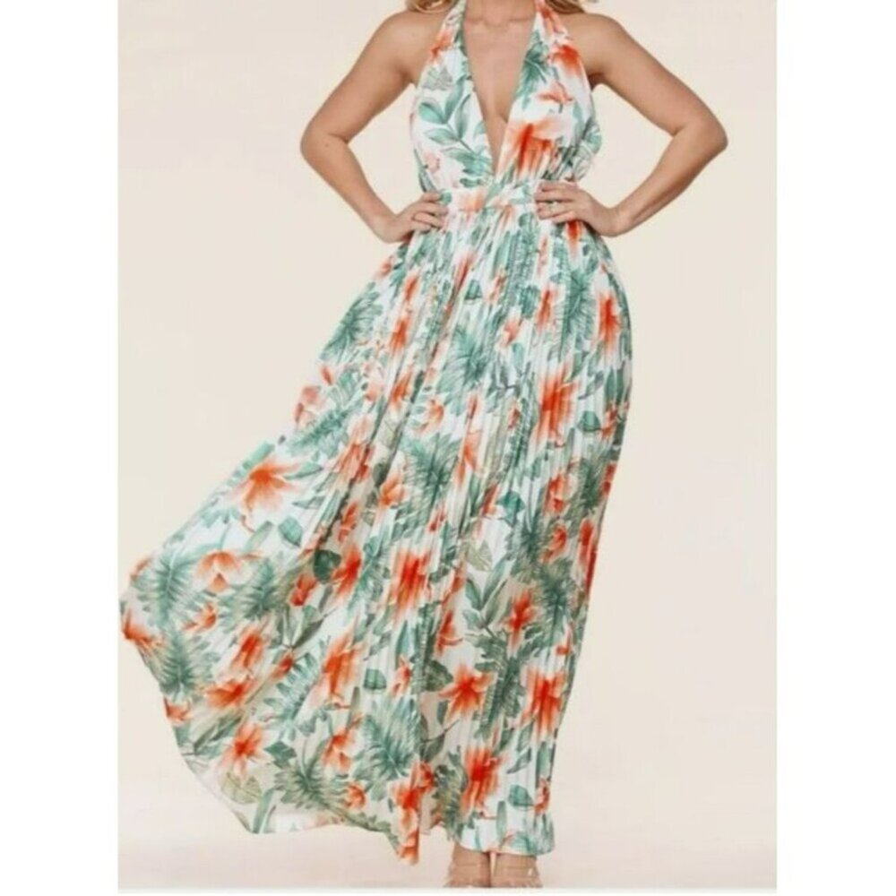 L’Atiste Tropical Floral Halter Bodice Pleated Skirt Maxi dress Size Small NWT